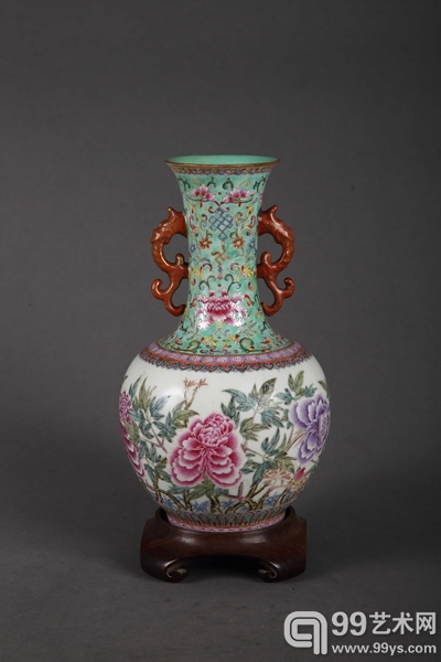民国 珐琅彩花卉诗文双耳瓶 H23.5cm“大清乾隆年制”款