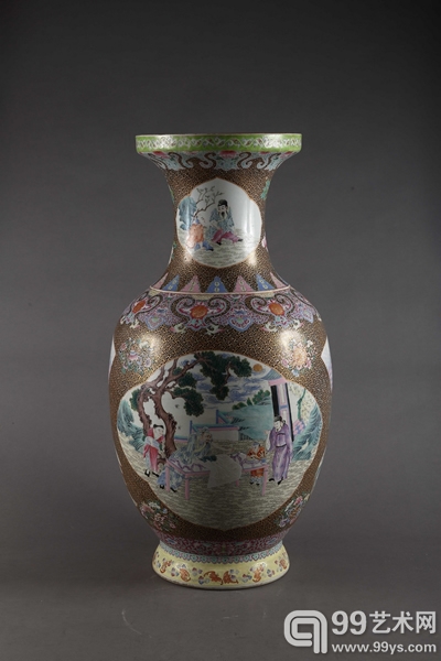 清 墨地描金开光人物盘口瓶 H79cm