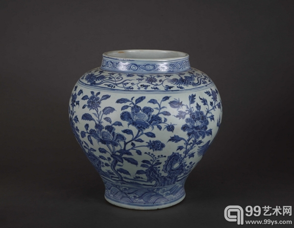明早期 青花花卉罐 H36cm