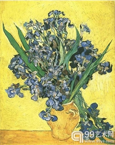 Vase of Irises under a Yellow Background 1890, 黄色背景下的鸢尾花
