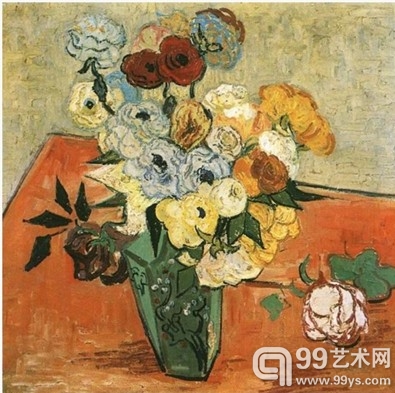 Japanese Vase of Roses and Anemones 日式瓶子里的玫瑰和银莲。