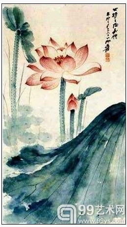 张大千作品：出水红莲
