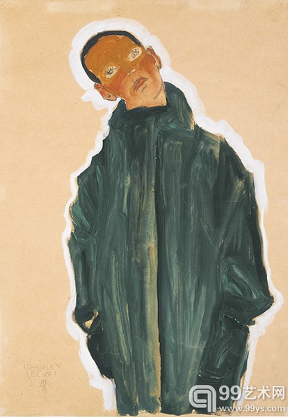埃贡·席勒 穿绿色大衣的男孩 1910