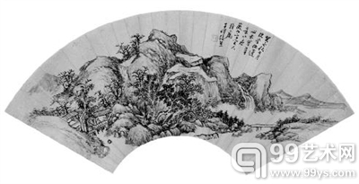 山水扇面 作者：张熊(1803-1886) 尺寸：19×53厘米 题识：薇伯二兄大人雅属，子祥张熊。 钤印：子祥