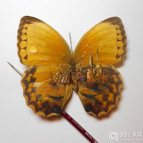 画家在蝴蝶的翅膀上作画