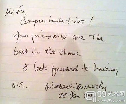 迈克尔•肯尼迪（Micheal Kennedy）先生留言：傅文俊先生祝贺您！您的作品是我在此次艺术博览会上最棒的。希望能够收藏一幅！