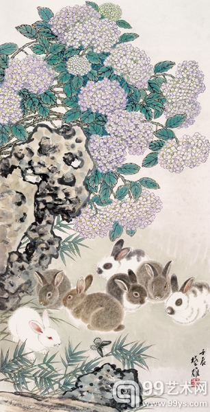 方楚雄 《花荫兔语》  137cm×69cm  纸本设色  2012年