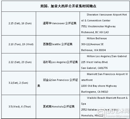 美国、加拿大西岸公开征集时间地点