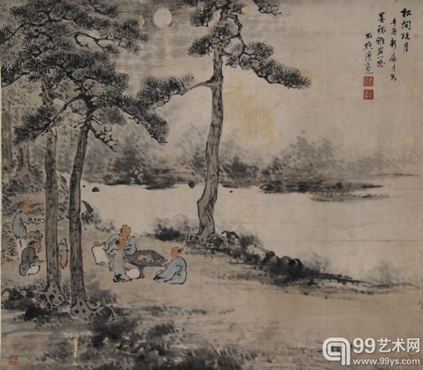 图1【冯超然松间玩月】