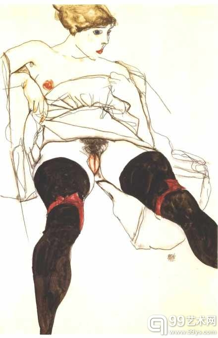 埃贡·席勒(Egon Schiele) - 穿黑丝的女人(Woman with Black Stockings)1913