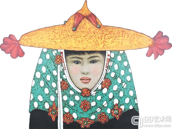 乔十光漆画作品——《戴斗笠的惠安女》