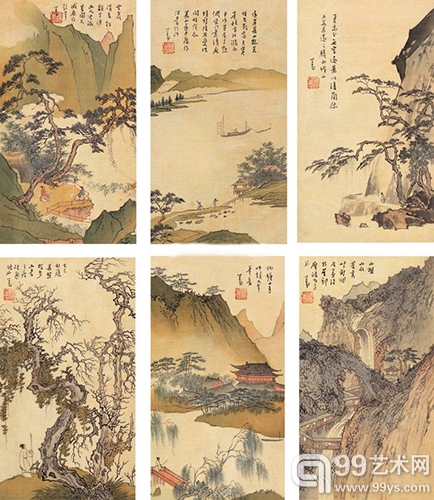 溥心畬-古意山水-（六帧）-镜心-设色绢本