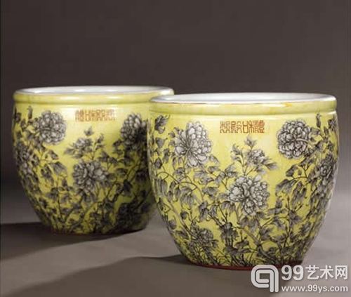 光绪黄地墨彩牡丹大缸（关善明旧藏）
