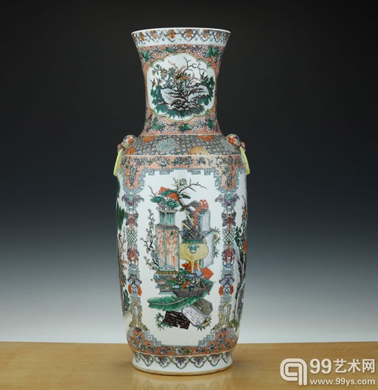 清同治  粉彩博古花鸟图辅首耳大瓶