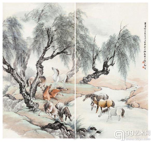 柳滨《柳荫八骏图对屏》