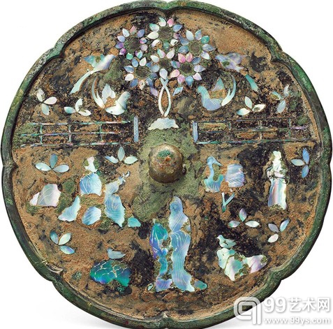 唐 人物故事图螺钿八瓣葵花形镜