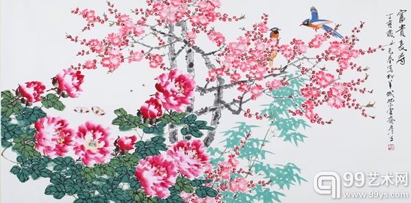 周彦生《富贵长寿》尺寸：247×123cm设色纸本镜片