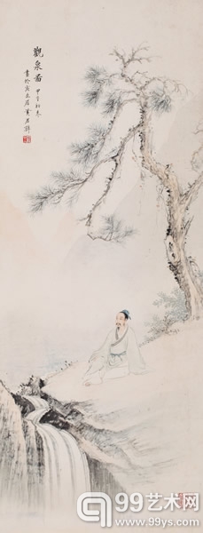 黄君壁《观泉图》尺寸：93×37cm设色纸本立轴