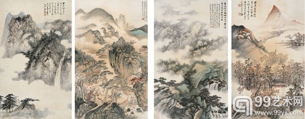 张大千、吴湖帆、贺天健、郑午昌《山水四屏》