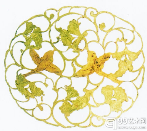 鎏金银棱平脱雀鸟团花纹秘色瓷碗纹饰