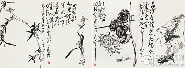 丁衍庸 1902-1978 《花鸟四屏》