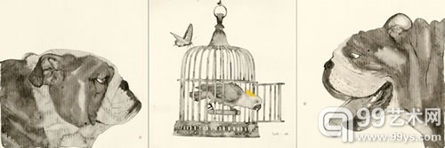 《笼中对 No.18》李军 纸本设色 60×60cm×3   2013年