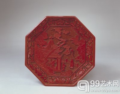 元代杨茂造 剔红观瀑图八方盘