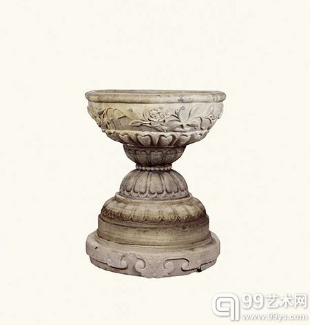 清·汉白玉束腰石盆连座 82.5×68×68cm