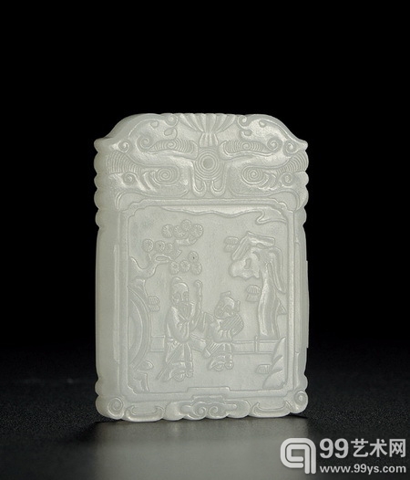 清·白玉雕携琴访友牌
