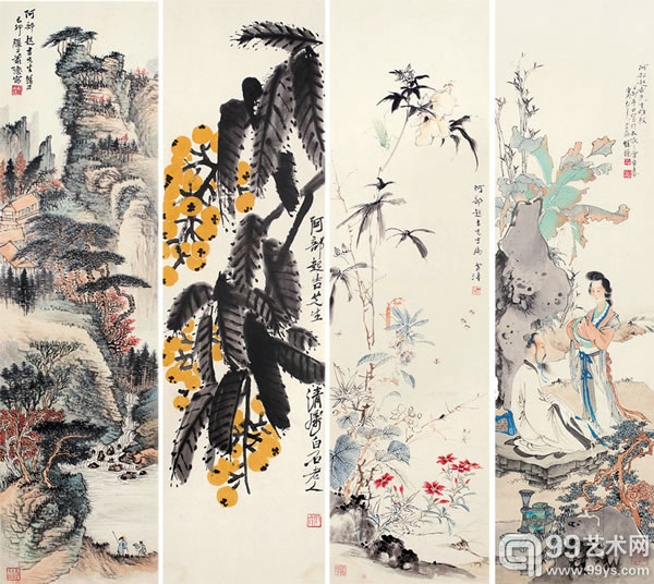 齐白石、王雪涛、萧愻、徐操（近代） 山水花鸟四条屏 
