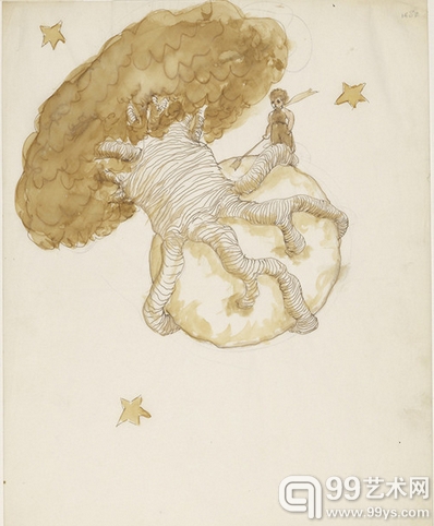 《小王子》原版插画，描绘了树侵入了小王子微小的行星