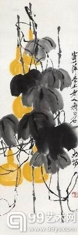 齐白石《葫芦》，纸本设色，101.5×34cm