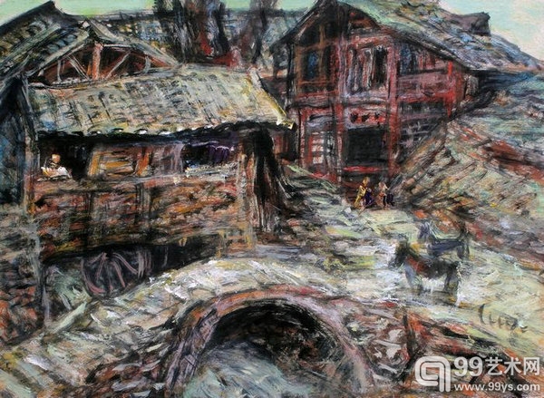 罗中立 重庆远郊的村子 38x52cm 纸面油画 1998年