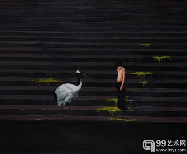 《鹤与少年》2013年作，油彩画布，178 x 215 公分