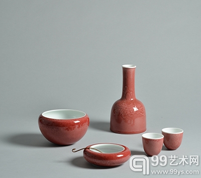 豇豆红文房茶器一套