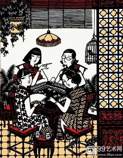 剪纸《麻将知己》
