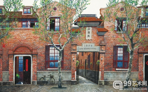 重彩画《春映步高里》