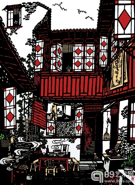 剪纸《天井小酌》