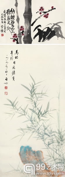 启功 管桦 1989年作 竹石图 双清图 镜框	