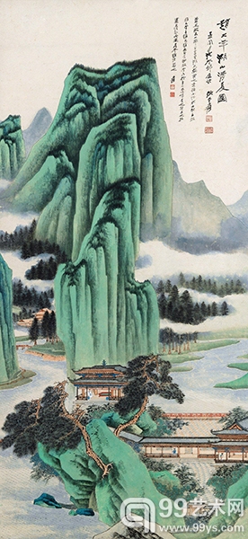 张大千 丁亥（1947年）作 赵大年湖山清夏图 立轴 