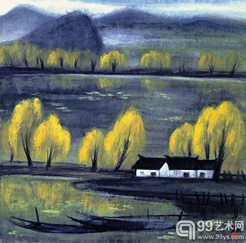 林风眠 湖滨秋色 彩墨 纸本 67.5×67.5cm  1958