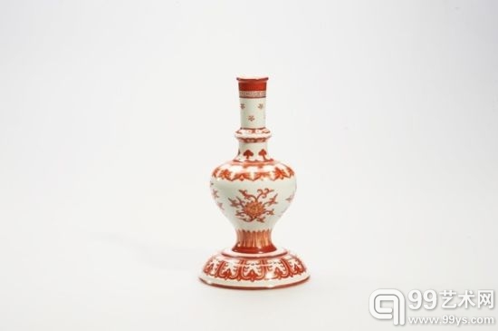 清 矾红彩折枝蕃莲纹甘露瓶 高：22 cm