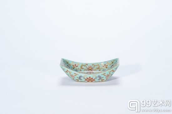 清乾隆 松石绿地粉彩描金福寿茶船 长：14 cm