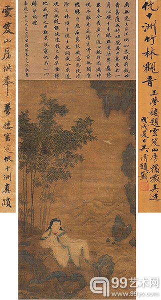 王梦楼题诗唐并审定  吴湖帆题签  仇十洲竹林观音  立轴  设色绢本