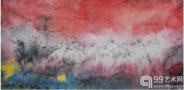 成忠臣现代水墨画《夕照雪山》