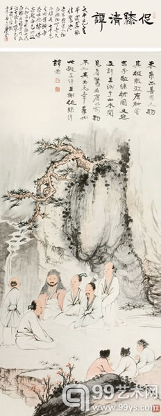 张大千 促膝清潭图  纸本设色 立轴 116×51cm 萧平题