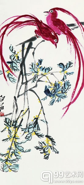 齐白石   富贵双寿  设色纸本镜心 73×33cm