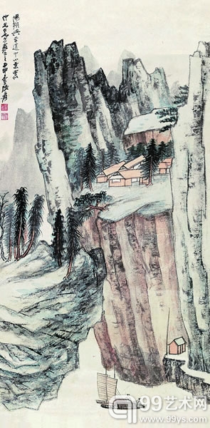 张大千  阳朔兴平道中小景  设色纸本立轴  92×47cm