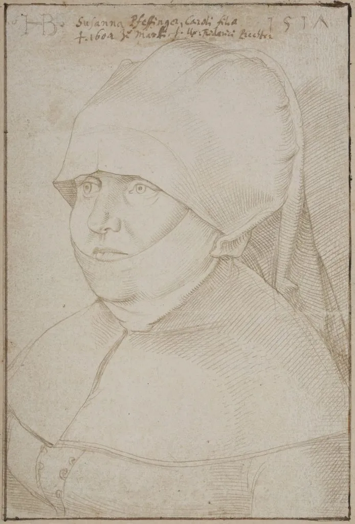 汉斯&middot;巴尔东&middot;格里恩 (Hans Baldung Grien)，《弗里德里希&middot;普莱希特 (Friedrich Prechter) 的妻子苏珊娜&middot;普费芬格(Susanna Pfeffinger) 的肖像（塞莱斯塔 1465 年 - 斯特拉斯堡 1538 年）》（1517 年）。图片：巴黎德鲁奥酒店提供。