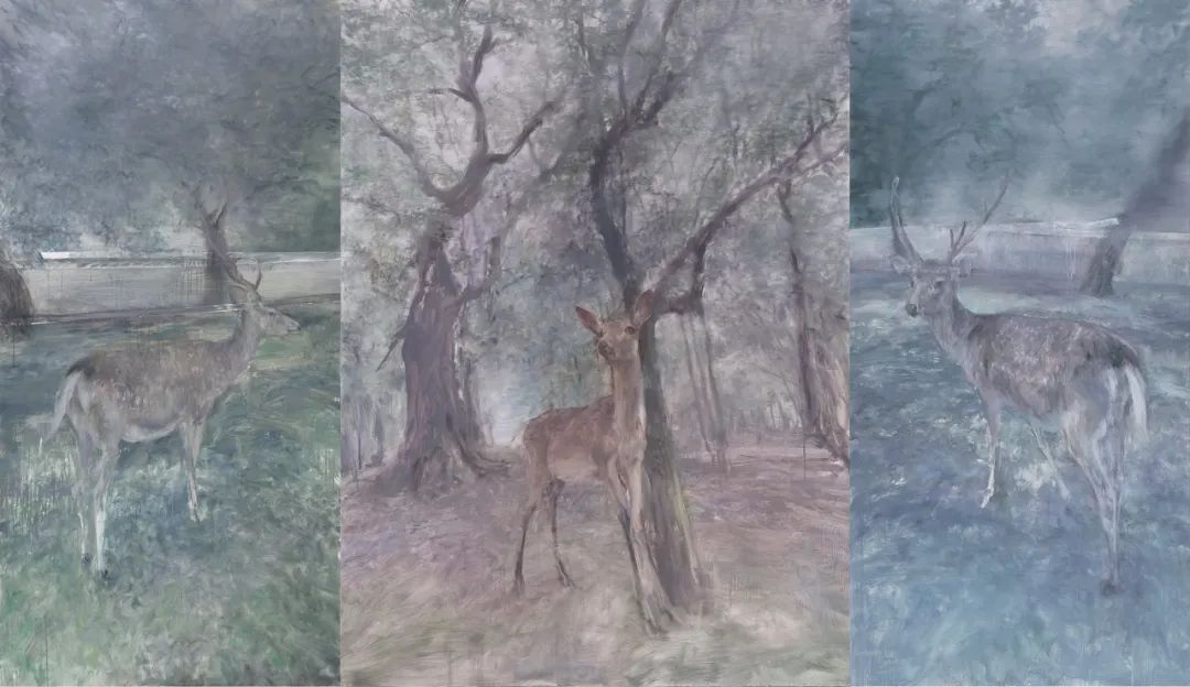 何多苓《松下三鹿》 布面油画 200x350cm（三联）2024 艺术家及应空间当代艺术中心惠允